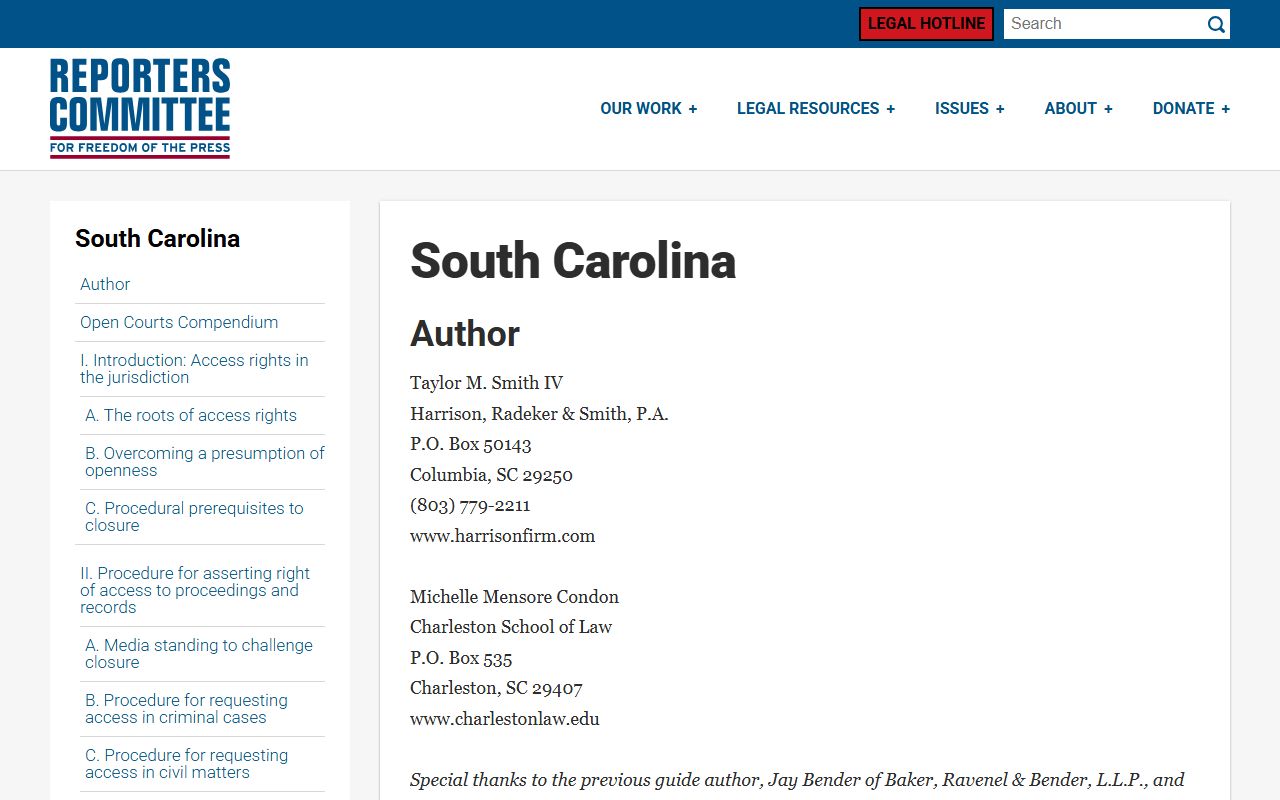 Reporters Committee Open Courts Compendium South Carolina court records access