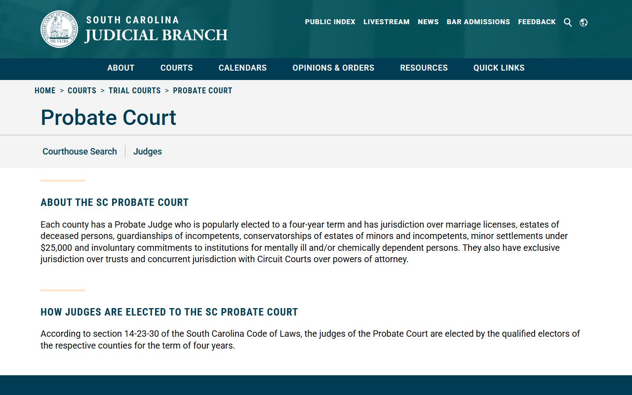 South Carolina Probate Court system and records overview page