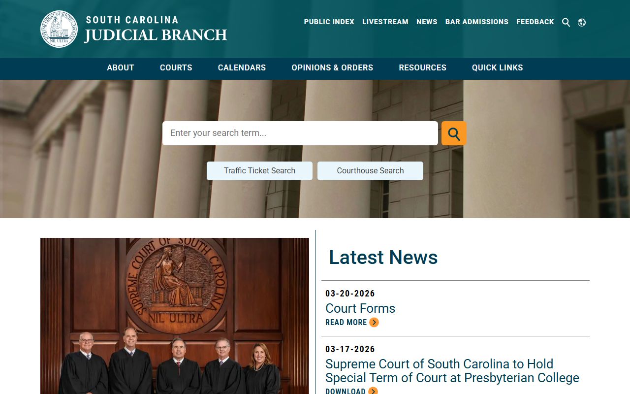 South Carolina Judicial Branch homepage for searching court records statewide
