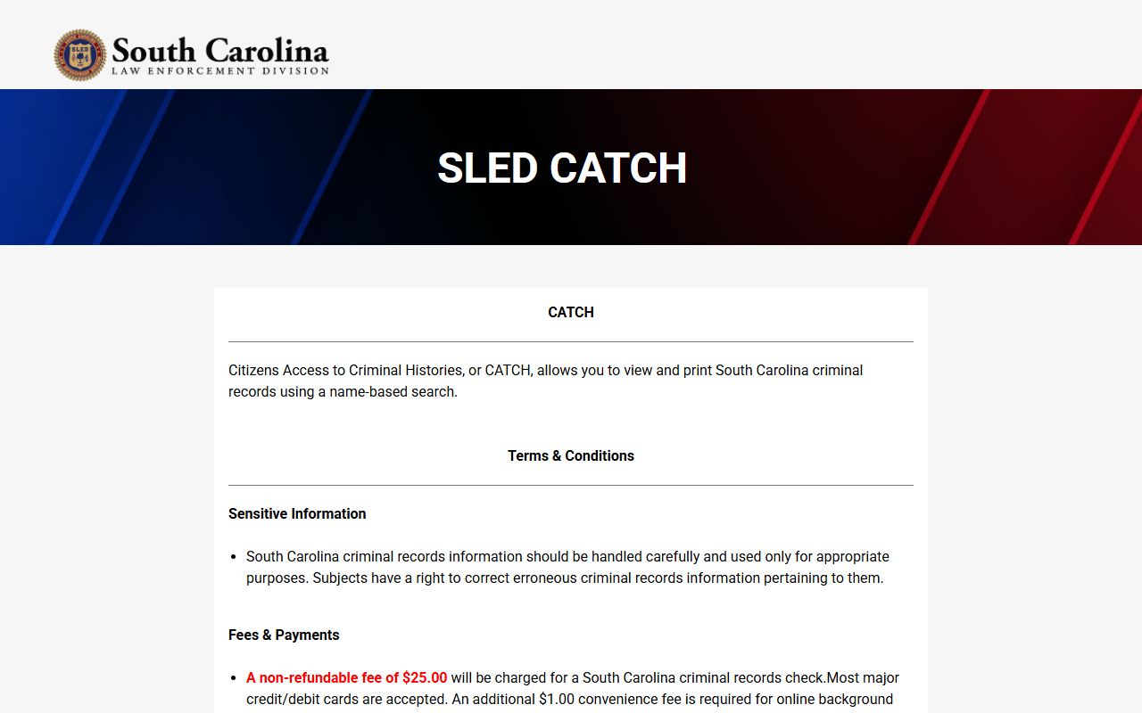 SLED CATCH South Carolina criminal history background check system